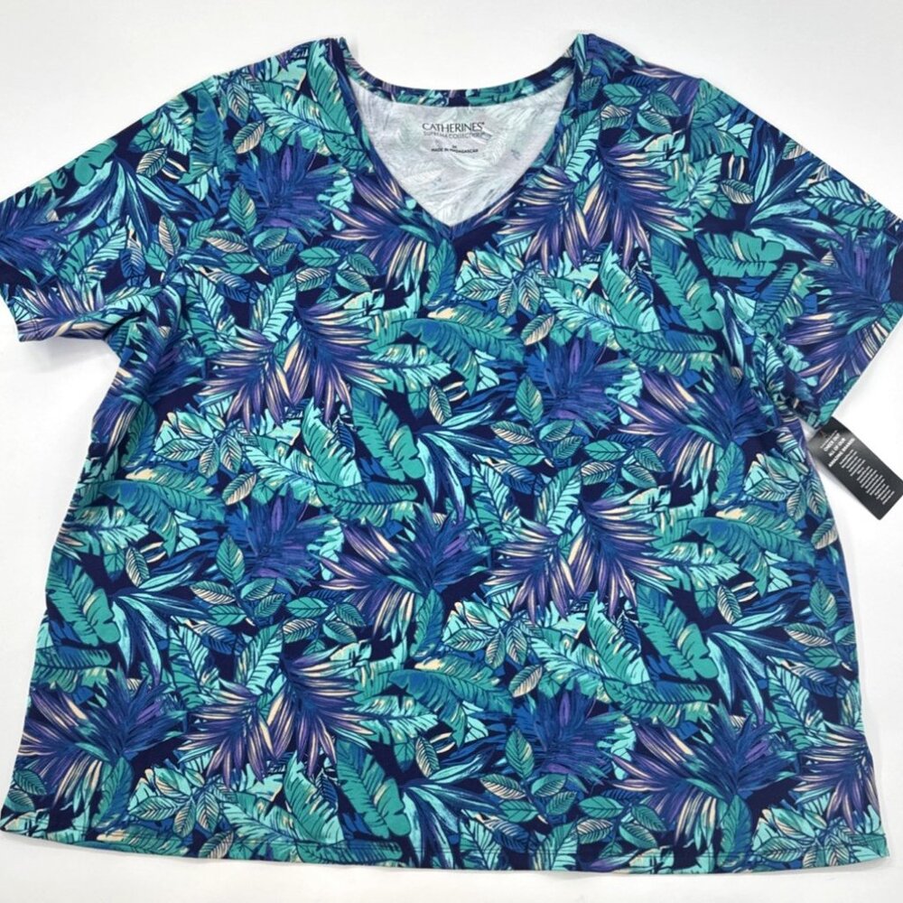Catherines Suprema Tropical T Shirt Women's 2X Short Sleeve Blue V Neck NEW - Picture 10 of 11